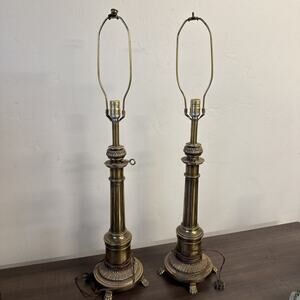 Vintage Pair Set STIFFEL Brass Table Lamps 36”‎ tall Pillar Clawfoot Ornate MCM